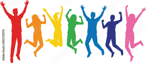 Colorful jumping silhouettes, rainbow people vector, energetic pose clipart, celebration, unity, diversity, motion, dance, fun, youth, abstract, vibrant
