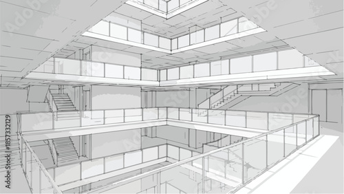 Symmetrical interior sketch of a modern office atrium with multiple staircases