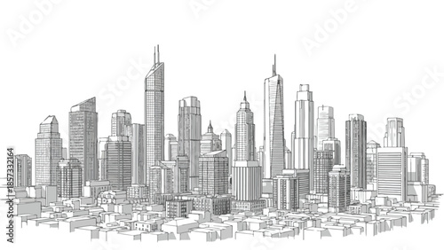 Detailed city skyline sketch featuring iconic skyscrapers and metropolitan structures