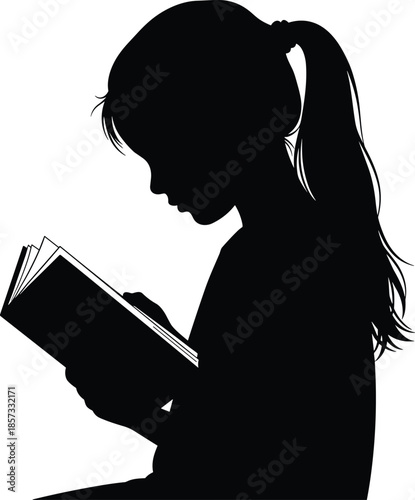 Silhouette of a young girl with ponytail reading a book, childhood education concept, little child learning isolated on white background.