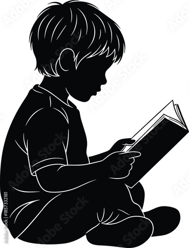 Silhouette of a young boy sitting down and reading a book, childhood education concept, little child learning isolated on white.