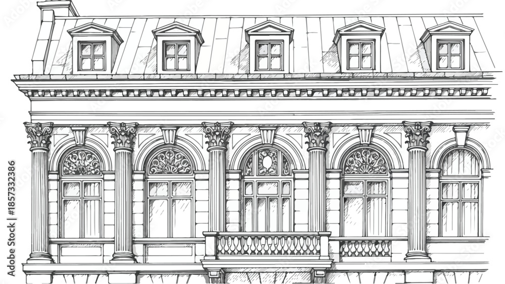 Fototapeta premium Classical architectural facade of a historic european building with arched windows