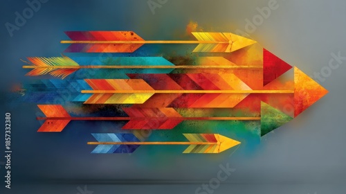 A vibrant array of colorful arrows, arranged in a dynamic and forward-moving design, create a striking visual impact against a muted neutral background.