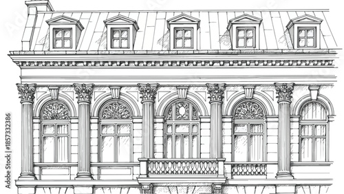 Classical architectural facade of a historic european building with arched windows