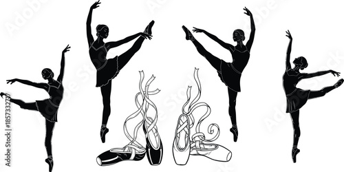 Elegant ballet dancer silhouettes performing various poses alongside pointe shoes with ribbons