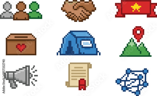 Pixel community service icons set, teamwork handshake donation tent map network, retro 8bit vector illustration for charity project game assets