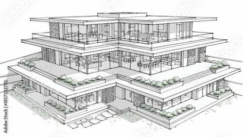 Modern multi-level luxury villa with extensive glass terraces and geometric design