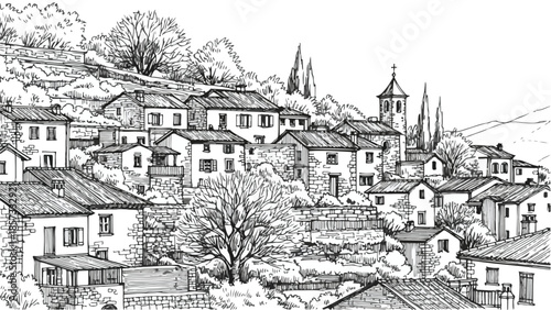 Perspective drawing of a hillside coastal village with clustered houses and trees