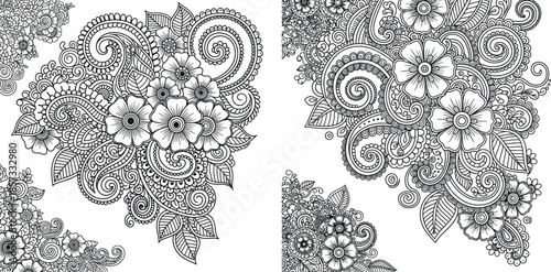 Intricate black and white floral mehndi inspired patterns with swirling leaves and decorative elements