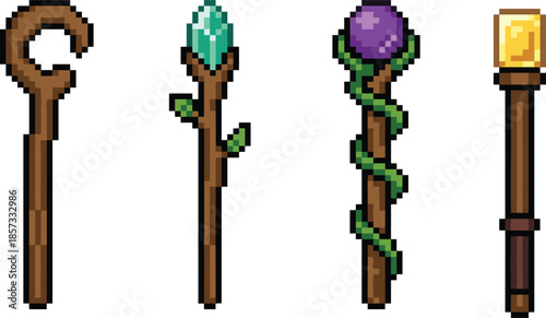 Pixel magic staffs set, fantasy wizard wooden staves with crystals and torch, retro 8bit vector illustration for RPG game assets