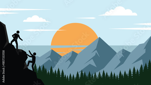Rock climbing teamwork, mountain adventure vector, nature scene, forest, sunset, cliff, rope, hiking, outdoor, silhouette, scenic, bold, dynamic
