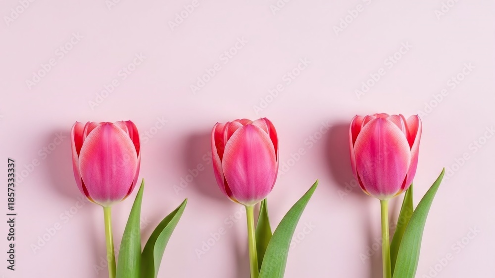 Fototapeta premium Three Vibrant Pink Tulips on a Soft Pastel Background.