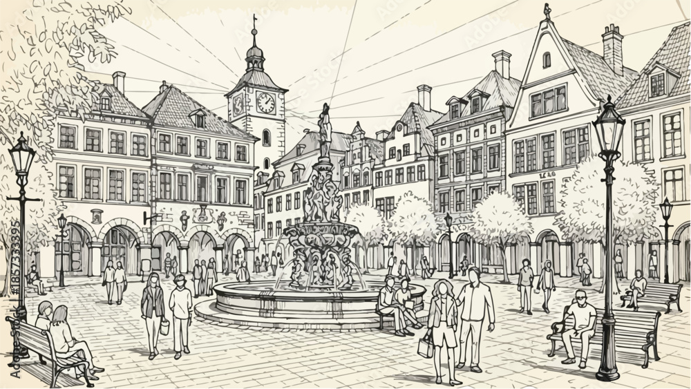 Fototapeta premium Crowded old town square with historical buildings and people walking sketch