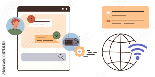 Chat interface with user messages, chatbot, and automation gear next to a globe with wireless signal. Ideal for AI, chatbot, support, automation, problem-solving, communication global connectivity