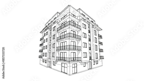Isometric architectural view of a modern apartment corner building with balconies