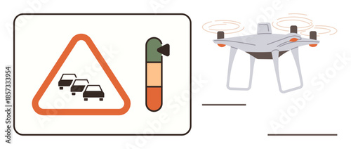 quadcopter monitoring traffic congestion with a triangular warning sign, alert bar showing increasing severity. Ideal for transportation, IoT, traffic surveillance, safety, innovation, control