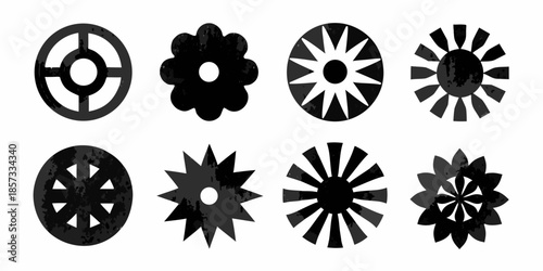 Eight black and white circular floral and geometric designs arranged in rows