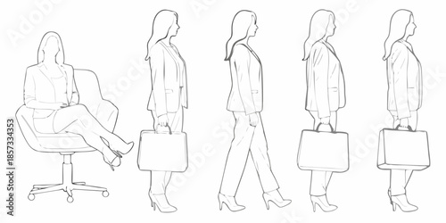 Line art illustration of women in business attire with handbags
