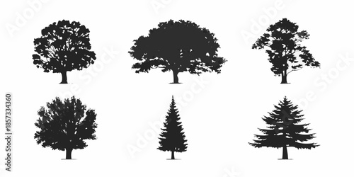 Silhouette collection of various tree types in a monochrome design