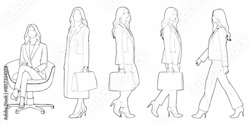 Fashion sketches displaying women in business attire and varying poses