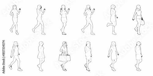 Line art illustrations depicting women in various walking and running poses
