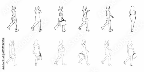 Line art illustration of diverse women in various walking poses and outfits