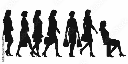 Silhouettes of women walking appearing to be in motion and carrying bags