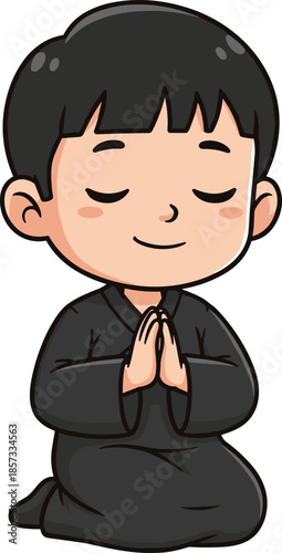 Peaceful chibi boy praying with closed eyes wearing black robe kneeling in meditation spiritual calm young child character vector illustration
