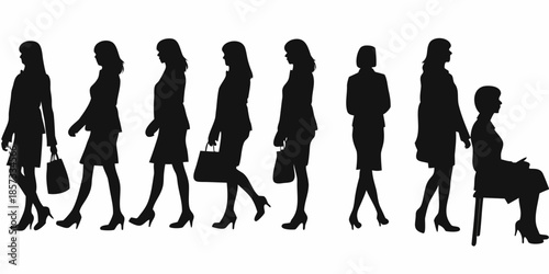 Silhouette series depicting women walking in various poses and professional attire