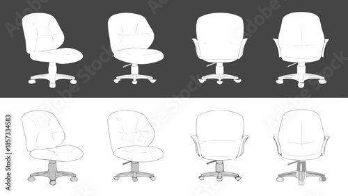 Four office chairs arranged in two rows sketched in black and white