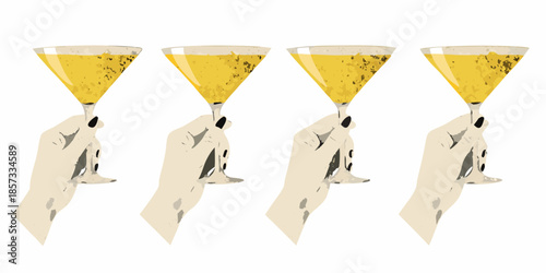 Four hands holding martini glasses filled with a golden liquid