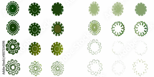 A collection of circular fractal like tree canopy shapes in varying shades of green