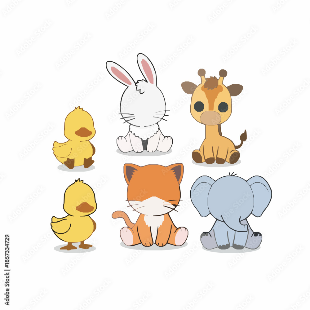 Fototapeta premium Adorable cartoon baby animals collection with cute characters, including a duckling, bunny, kitten, giraffe, and elephant