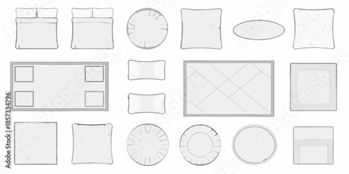 A collection of furniture outlines including beds pillows and rugs displayed