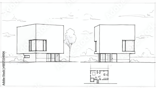 Minimalist architectural concept of two identical modern cubic houses sketch