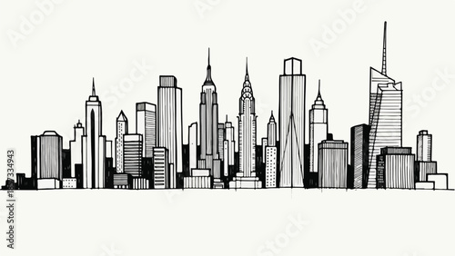 Solid black silhouette of a modern metropolitan city skyline on white background