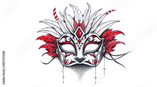 Stylized Red and Black Mask Illustration with Feathers and Jewel Accents on White Background