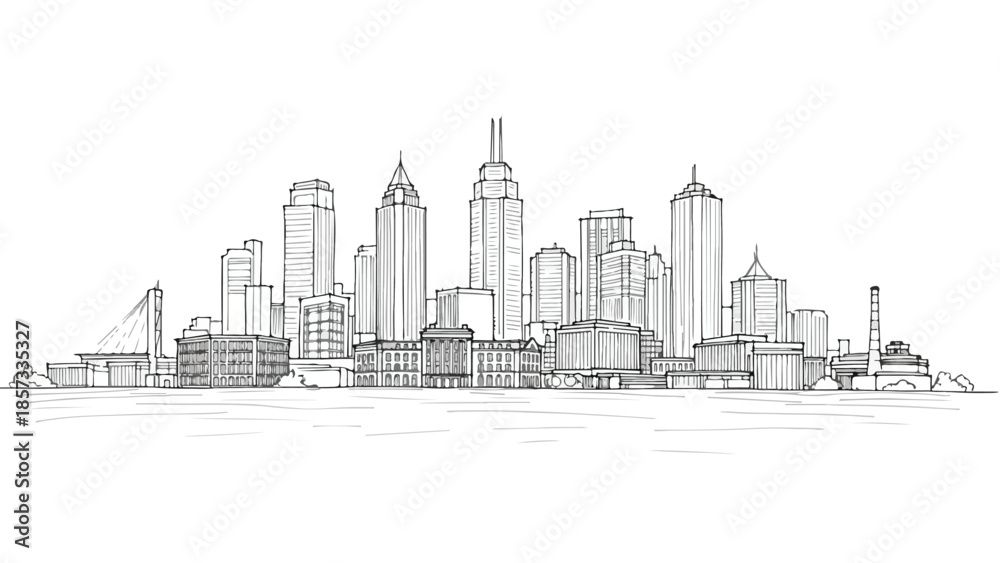 Obraz premium Clean horizontal sketch of a modern metropolitan city skyline over water