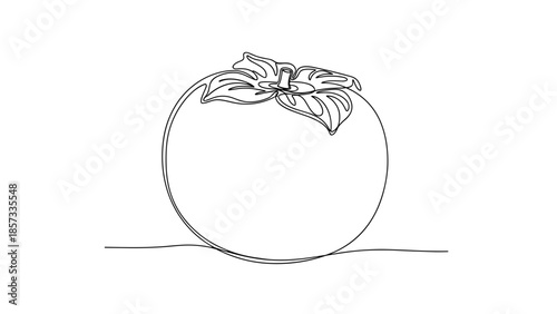 Simple line drawing of a persimmon fruit with leaves  