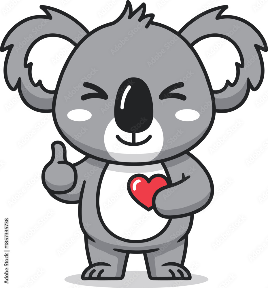 Φωτογραφία Cute cartoon koala giving a thumbs up and holding a red heart, adorable Australian animal character isolated on white background
