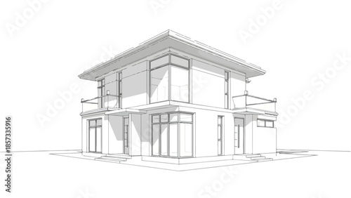 Modern two-story suburban house with flat roof and large glass windows sketch