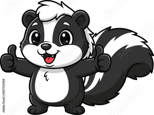 Cute cartoon skunk giving a double thumbs up with a happy smile, adorable forest animal character mascot isolated on white.