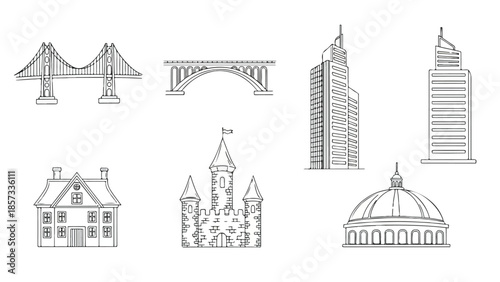 Collection of diverse architectural icons including bridges, houses, and domes