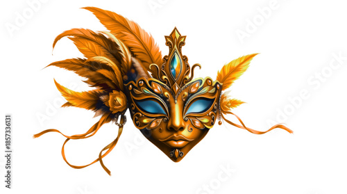 Vibrant Ornate Venetian Carnival Mask with Colorful Feathers, Jewels, and Ribbons on White Background