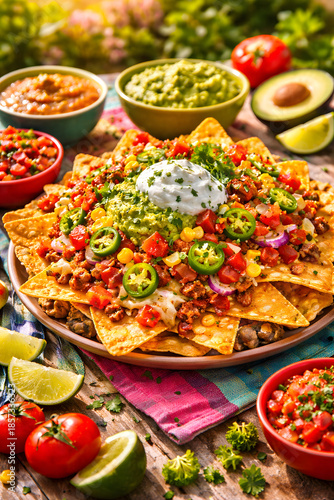 Plate of crispy nachos topped with guacamole, sour cream, jalapenos, corn, and fresh salsa in a rustic food setting..