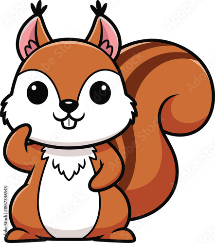 Cute happy brown squirrel cartoon character with big eyes and bushy tail standing isolated on white background vector animal illustration