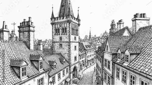 Atmospheric sketch of a historic town street with a gothic church tower