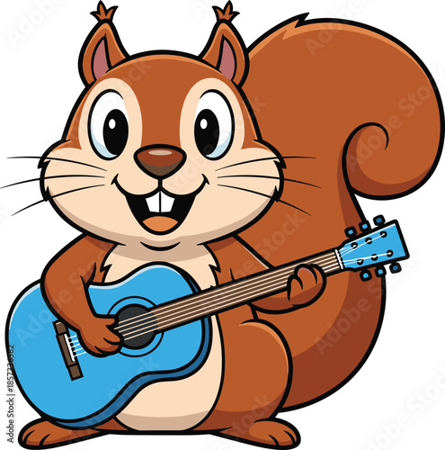 Cute happy brown squirrel cartoon character playing blue acoustic guitar musical forest animal mascot illustration isolated on white background vector