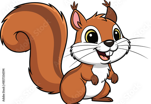 Cute happy brown squirrel cartoon character with bushy tail and friendly smile standing isolated on white background vector animal illustration