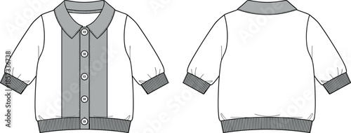 Kids short sleeve cardigan sweater vector, front back view, flat clothing design, fashion technical drawing, isolated apparel illustration for children